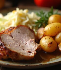 Rețetă hipocalorică muschiuleț de porc, varză acrișoară și cartofi aromați