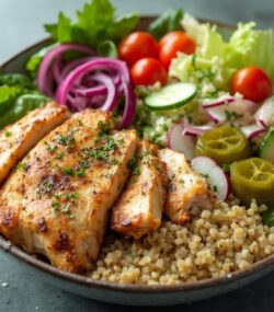 Rețetă Hipocalorică Bowl cu Bulgur, Salată Colorată și Pui la Gril