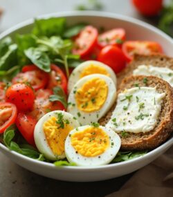 Rețeta Low Carb High Protein Bowl de Energie: Ouă, Legume Crocante și Cremă de Brânză pe Pâine Integrală