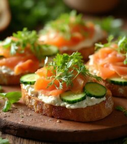 Rețeta Hipocalorica, IF, Low-carb High-fat Bruschete rustice cu somon, cremă de brânză și legume crocante