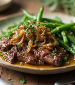 Rețetă Hipocalorică Fasole Verde Crocantă cu Ficăței Înăbușiți și Ceapă Caramelizată