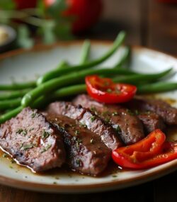 Rețetă hipocalorică ficat de vită , Fasole Verde Călită și Ardei Copți