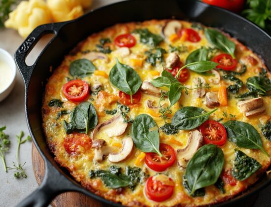 Rețetă Low-carb, High-fat, High-protein, Keto Frittata dietetică cu baby spanac, roșii și cașcaval