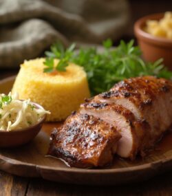 Rețetă Hipocalorică Muschiuleț de Porc cu Salată de Varză Murată și Mămăligă