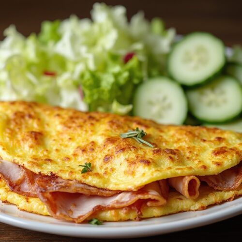 Rețetă Low-carb, High-fat, High-protein Omletă rustică cu halloumi light, șuncă și acompaniament de salată cu iaurt