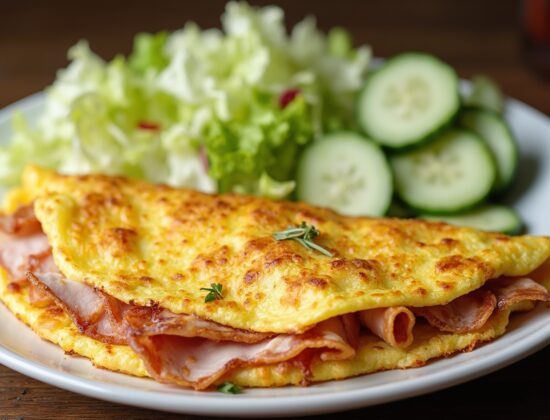 Rețetă Low-carb, High-fat, High-protein Omletă rustică cu halloumi light, șuncă și acompaniament de salată cu iaurt