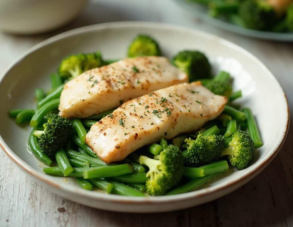 Rețetă Hipocalorică Salată Caldă cu Pește Slab, Fasole Verde și Bucățele de Broccoli