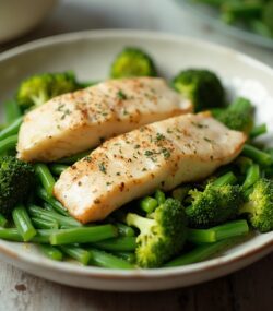 Rețetă Hipocalorică Salată Caldă cu Pește Slab, Fasole Verde și Bucățele de Broccoli