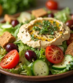 Rețetă Hipocalorica, Intermittent fasting Salată Mediteraneană cu Legume, Măsline și Dressing de Humus