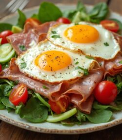 Rețetă High-protein, Keto salată cu ouă ochiuri și mușchi crud uscat