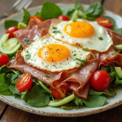 Rețetă High-protein, Keto salată cu ouă ochiuri și mușchi crud uscat