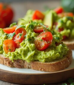 Rețetă hipocalorica, low carb high fat, Salată de Avocado cu Guacamole și Roșii Cherry, Servită pe Pâine Integrală