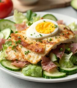 Rețetă Low-carb, High-fat, High-protein Salată mediteraneană cu halloumi, șuncă și dressing de iaurt grecesc