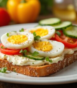 Rețeta Low Carb High Protein Toast Sănătos cu Ouă, Legume și Cremă de Brânză