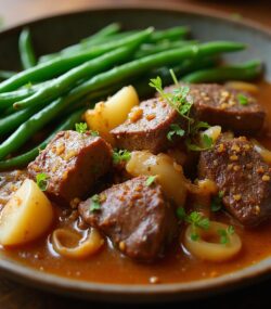 Rețetă Hipocalorică Tocăniță de Ficăței cu Ceapă și Garnitură de Fasole Verde Sotată