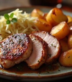 Rețetă hipocalorică mușchi de porc rustic cu salată de varză și cartofi la cuptor