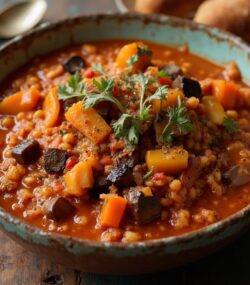 Rețetă hipocalorică tocăniță de vinete cu linte și aromă de coriandru