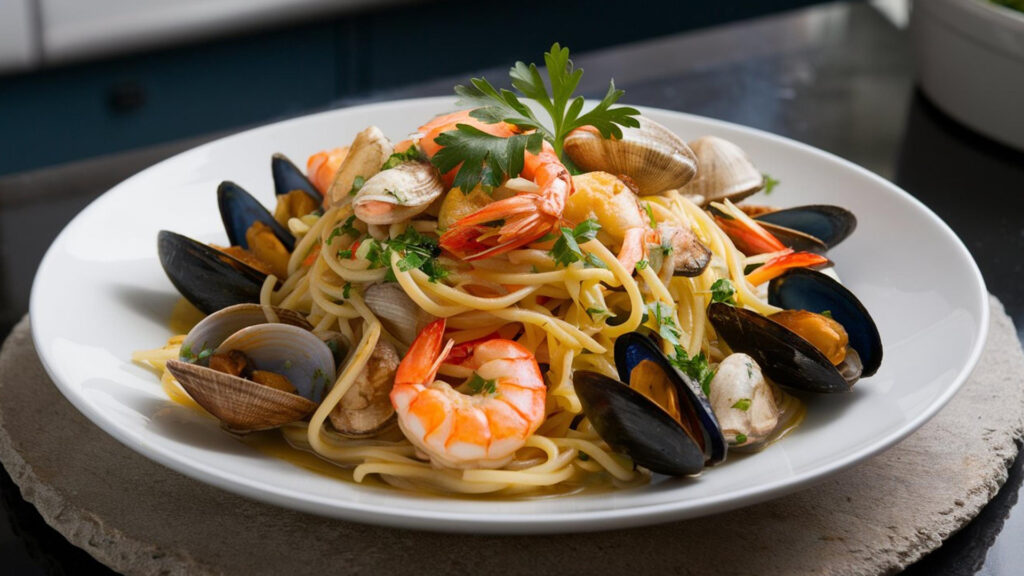 Fructe de mare cu spaghete in farfurie pe masa in bucatarie