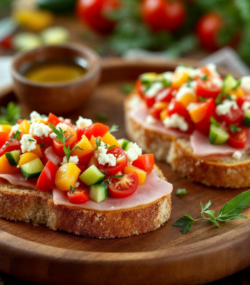 Rețetă hipocalorică bruschete cu șuncă de curcan, brânză și legume proaspete