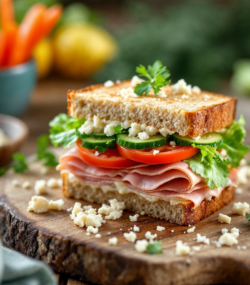 Rețetă hipocalorică, post intermitent sandwich cu pâine integrală, șuncă de curcan și brânză nedegresată