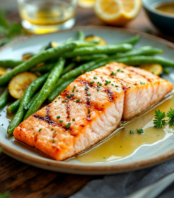 Rețetă hipocalorică somon la grătar cu fasole verde și dovlecel