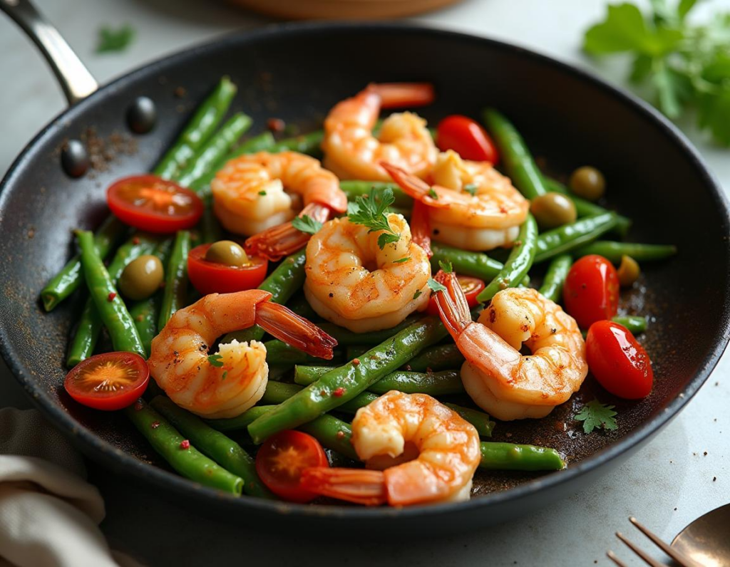 Rețetă south beach low carb high protein stir-fry de creveți cu fasole verde și roșii cherry