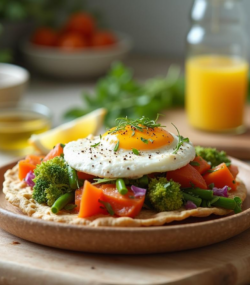 Rețetă ketogenică tostada integrală cu humus, ouă poșate și legume asortate la abur