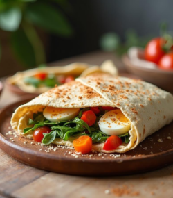 Rețetă ketogenică wrap integral cu humus light, ouă poșate și salată de legume