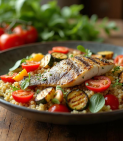 Rețetă hipocalorică salată de quinoa cu biban de mare și legume la grătar