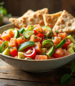 Rețetă hipocalorică salată mediteraneană cu somon, avocado și lipie crocantă
