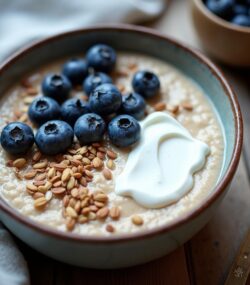 Rețeta vegana si vegetariană budincă de ovăz cu iaurt de caju și afine