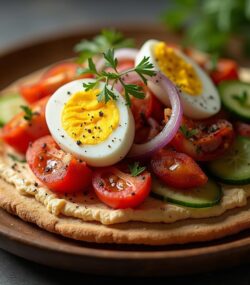 Rețetă hipocalorică salată rustică cu ou, humus și legume pe pat de lipie integrală