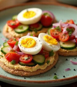 Rețetă hipocalorică tartine de lipie integrală cu humus, ou, și salată de legume