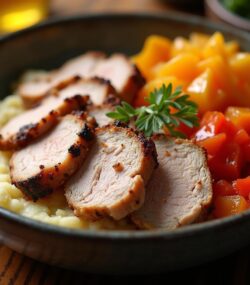 Rețeta hipocalorică bowl de mușchiuleț de porc cu piure și salată de murături