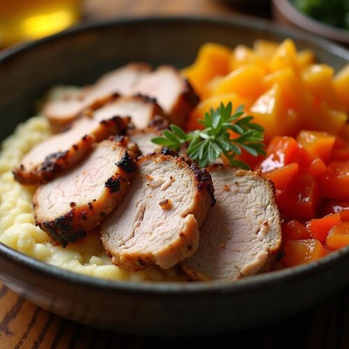Rețeta hipocalorică bowl de mușchiuleț de porc cu piure și salată de murături