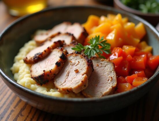 Rețeta hipocalorică bowl de mușchiuleț de porc cu piure și salată de murături