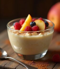 Rețeta low fat budincă de orez cu lapte, nucșoară și topping de fructe