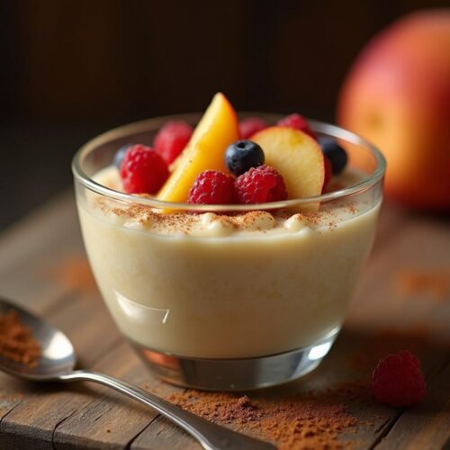 Rețeta low fat budincă de orez cu lapte, nucșoară și topping de fructe