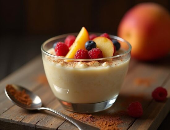 Rețeta low fat budincă de orez cu lapte, nucșoară și topping de fructe