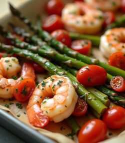 Rețetă South Beach hipocalorică creveți la cuptor cu sparanghel și roșii