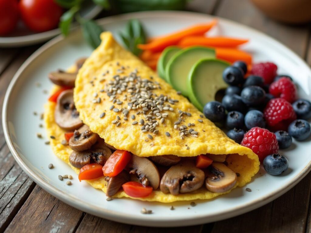 Rețetă Paleo omletă cu ciuperci, ardei și avocado, mix de fructe de pădure