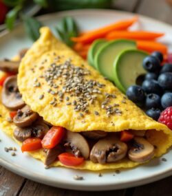 Rețetă Paleo omletă cu ciuperci, ardei și avocado, mix de fructe de pădure