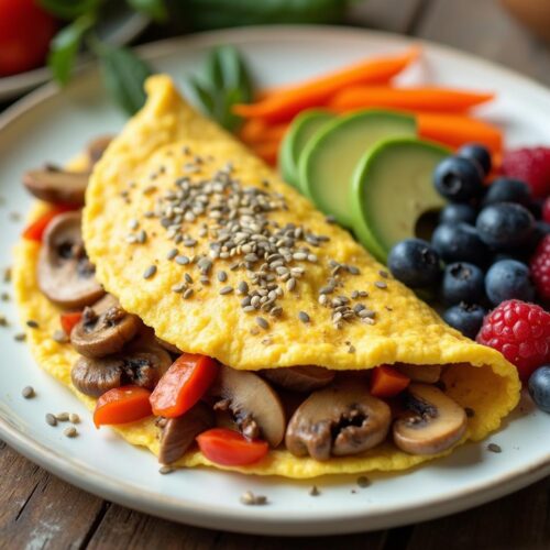 Rețetă Paleo omletă cu ciuperci, ardei și avocado, mix de fructe de pădure