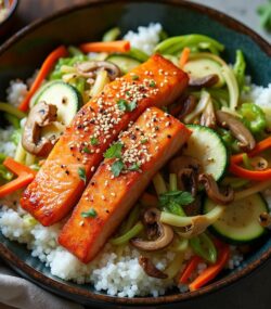 Rețetă hipocalorică salată asiatică cu somon, orez și legume crocante