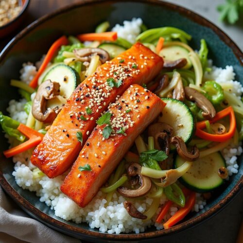 Rețetă hipocalorică salată asiatică cu somon, orez și legume crocante