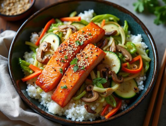 Rețetă hipocalorică salată asiatică cu somon, orez și legume crocante