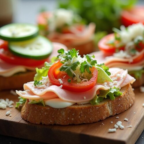 Rețetă hipocalorică tartine cu șuncă de pui și cremă de brânză, cu legume asortate