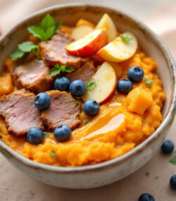 Rețeta bol de rață cu piure de cartof dulce, măr și afine