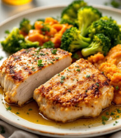 Rețetă cotlet de porc în crustă de usturoi cu garnitură de broccoli și piure de cartof dulce