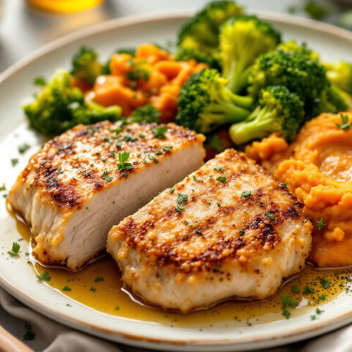 Rețetă cotlet de porc în crustă de usturoi cu garnitură de broccoli și piure de cartof dulce